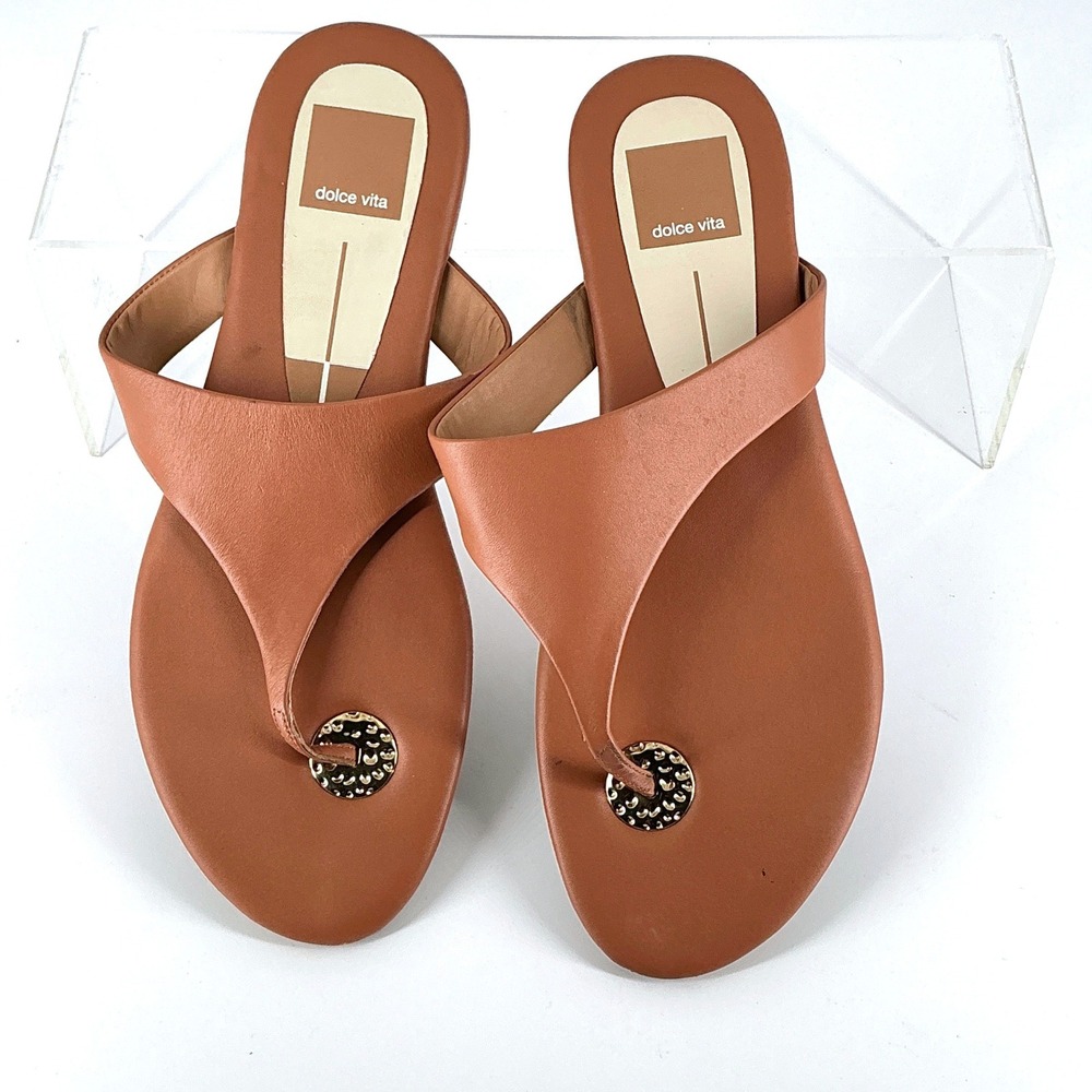Dolce Vita Size 8 Brown Leather Thong Sandals Gold Detail Flip Flops Kittle